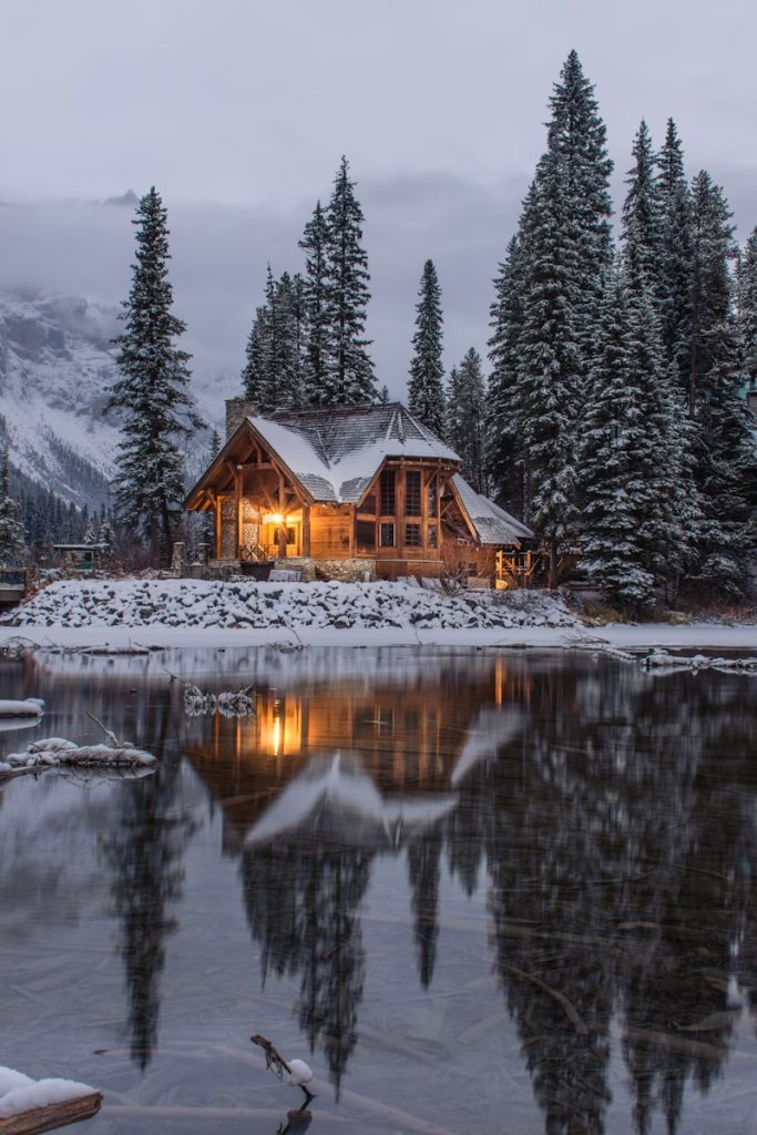 Holzhaus in der Nähe von Kiefern und Teich, tagsüber mit Schnee bedeckt